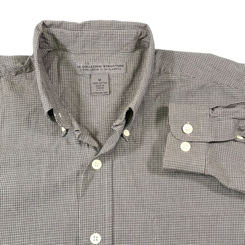 Le Collezioni Structure Medium Grey Check Button Down Shirt Cotton Dark Academia